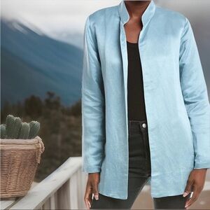 EILEEN FISHER Blue Jacket Pool Stand  Linen Silk Satin Zs M  NWT $387